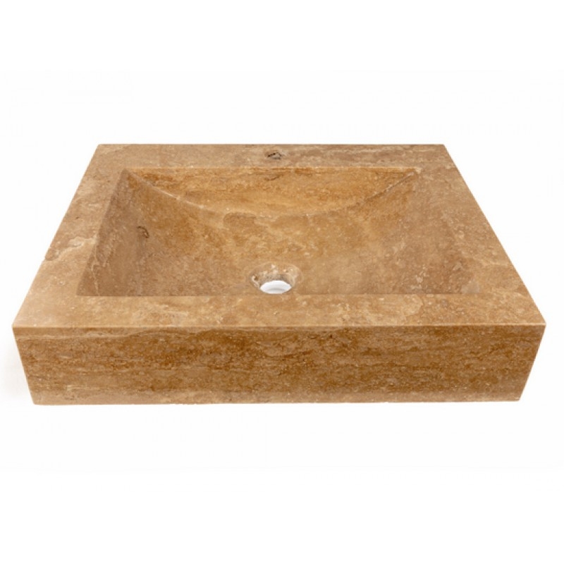 Travertine Vessel Sink: Beige Rectangular Shallow Wave Basin