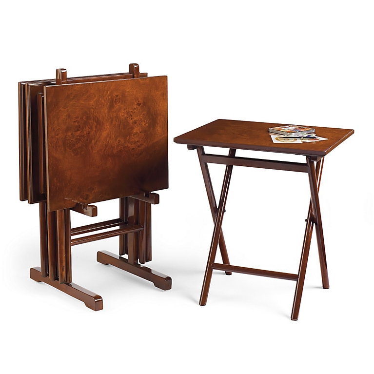 Tray Table Set Burl Pattern Wood Glossy Finish Storage Stand Traditional