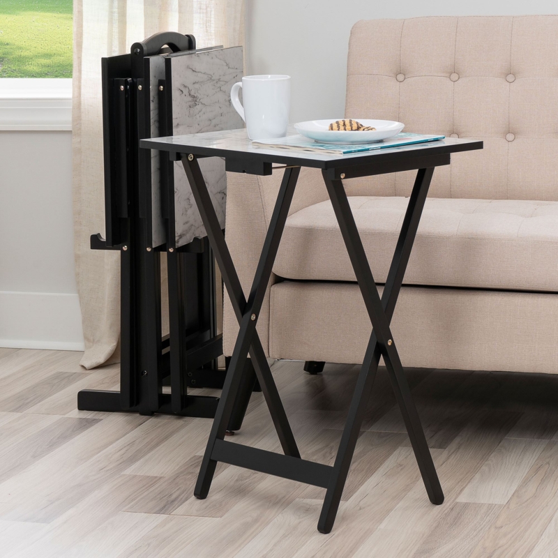 Tray Table Set Marble Print Top Matte Black Frame Storage Stand