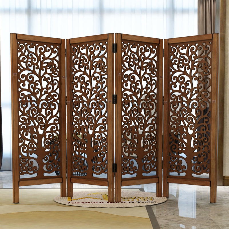 Tree Motif Privacy Screen Carved Wood Open Fretwork 4 Panel Folding
