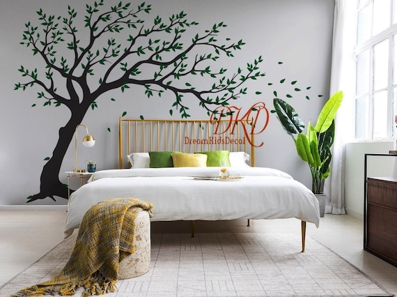 Tree Wall Decal With Blowing Leaves Design Nature Inspired Mural