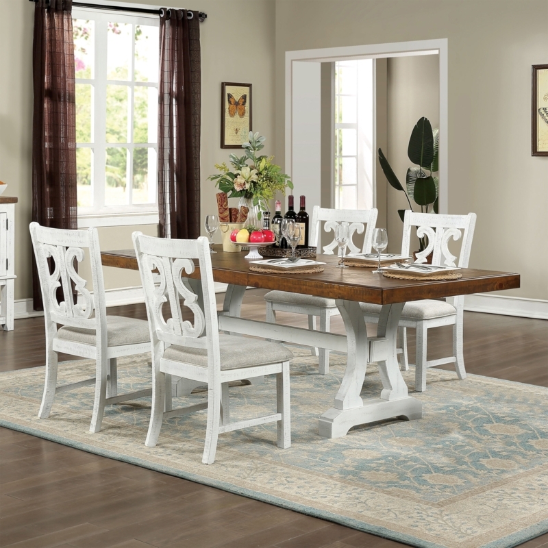 Trestle Dining Set: Scrollwork Back Chairs, Plank Top, Rustic Cottage.