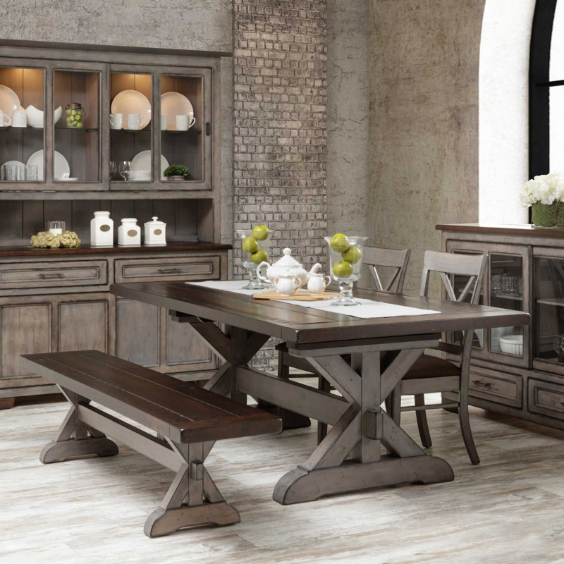 Trestle Set: X-Base Table in Weathered Grey. Two-Tone Farmhouse Dining Set.