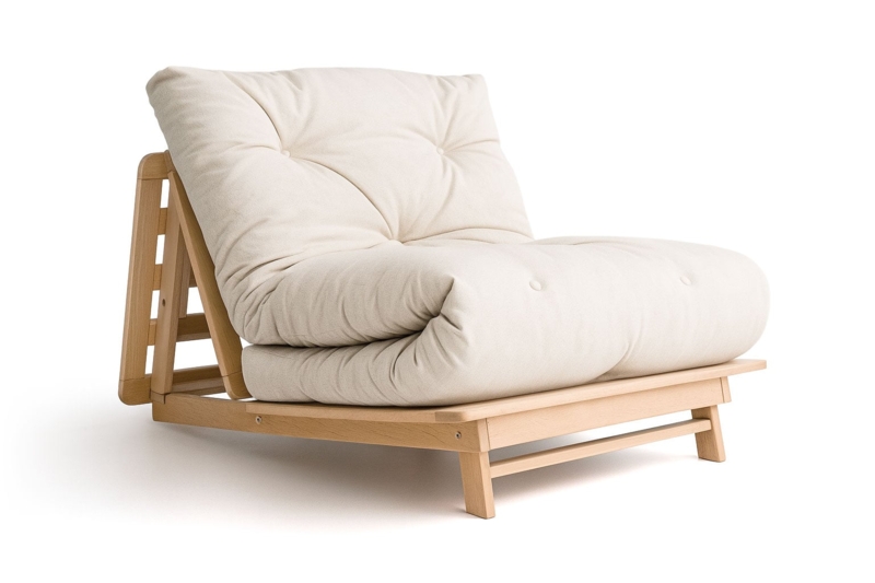 Tri-Fold Futon Chair, Solid Beech Wood Frame, Tufted Seating