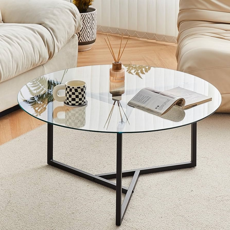 Triangle Base Metal Table Round Glass Black Tripod Legs