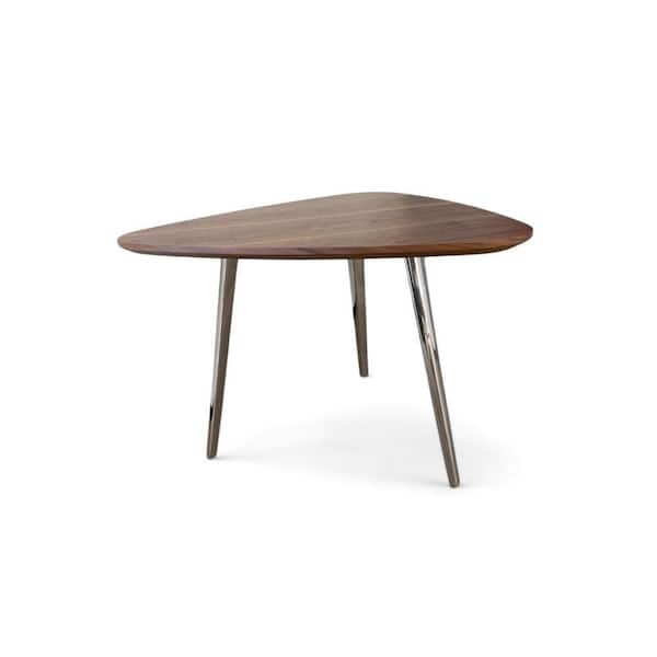 Triangular Coffee Table with Walnut Finish and Chrome Tripod Legs