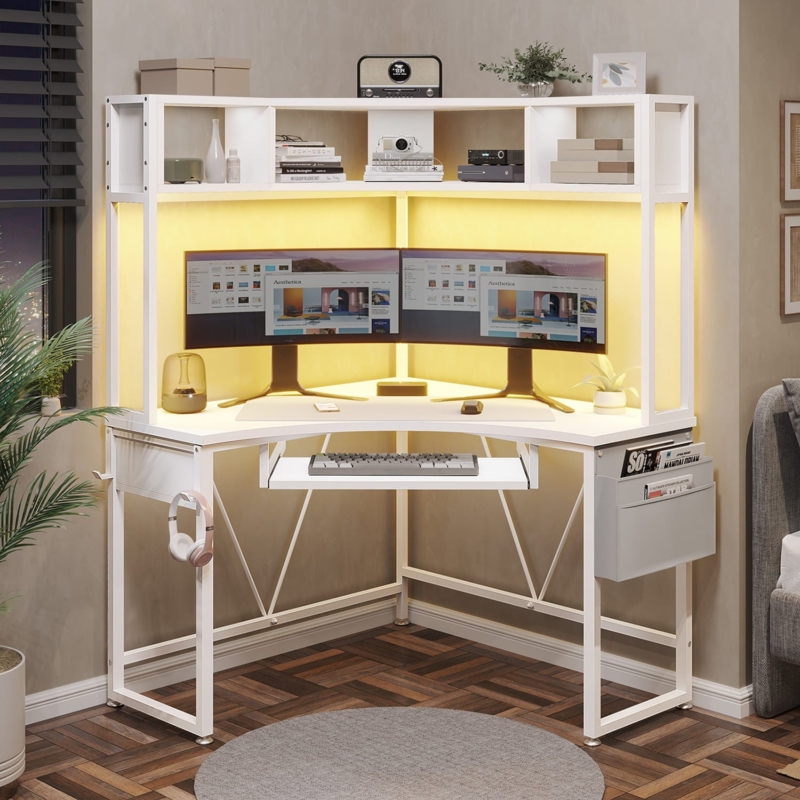 Triangular Corner Desk with Keyboard Tray, Hutch, and LED Lighting