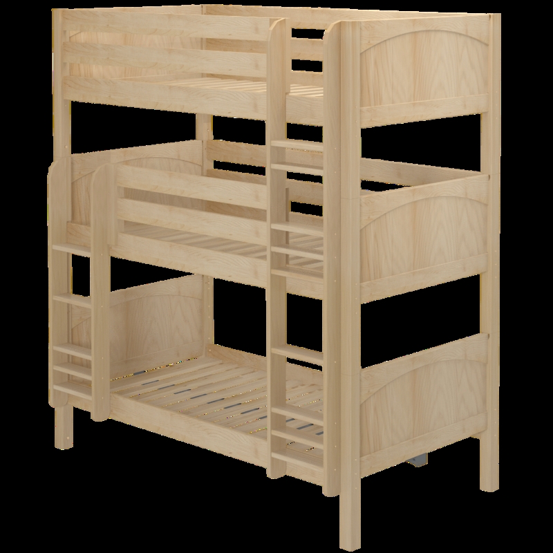 Triple Bunk Bed, Light Natural Wood, Arched Panels, Integrated Ladders