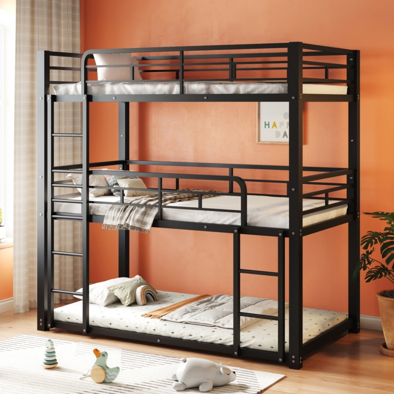 Triple Bunk Bed, Matte Black Metal, Three-Tier Stack with Floor Bunk