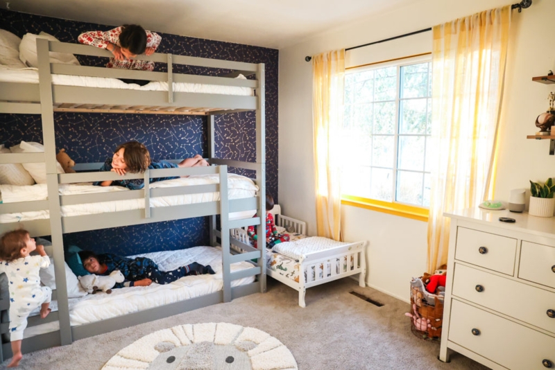 Triple Bunk Bed, Painted Gray Wood Frame, Integrated Ladders, Modern