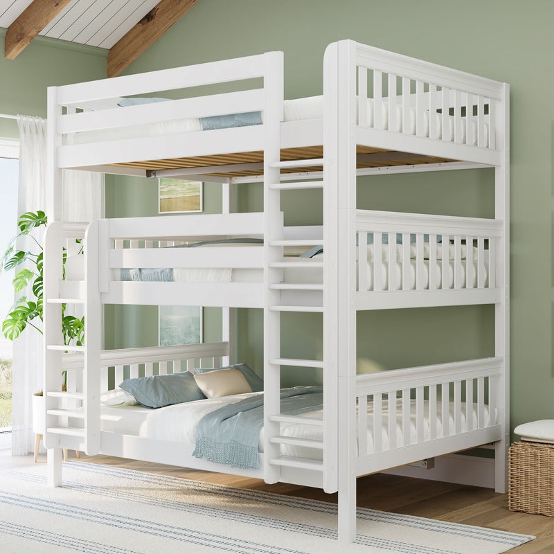 Triple Bunk Bed, Queen Width, Crisp White Finish, Modern Coastal Style