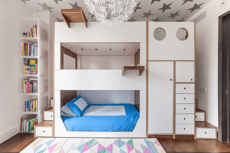 Triple Bunk Bed System, Integrated Wardrobe, Storage Stairs, White