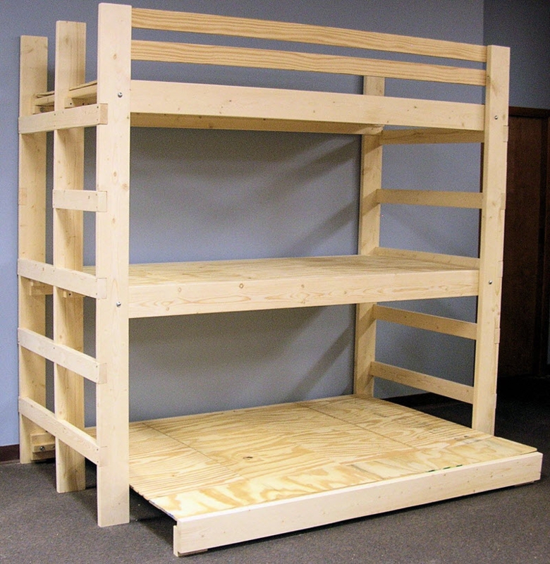 Triple Bunk Bed Unfinished Wood Staggered Tiers with Queen Base
