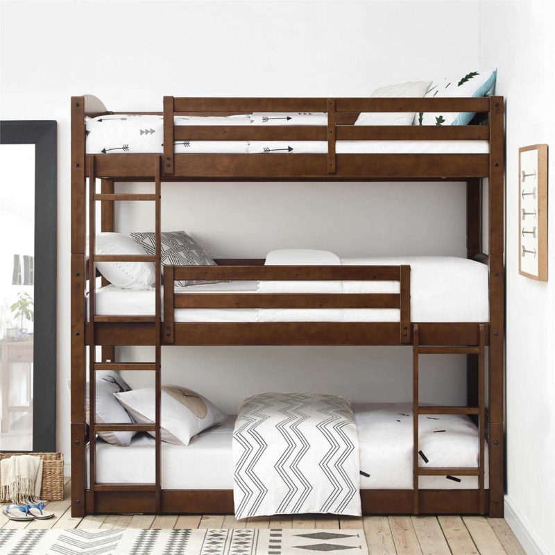 Triple Bunk Bed, Walnut Brown Wood, Vertical Stacking, Dual Ladders