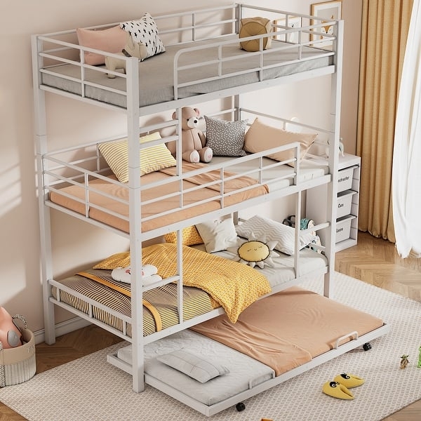 Triple Bunk Bed with Pull-Out Trundle, Antique White Metal Finish