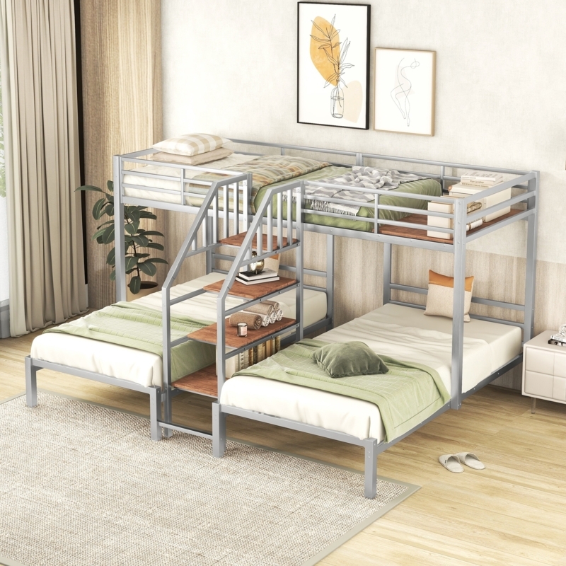 Triple Bunk Bed with Staircase Storage and Triple Sleeping Area Layout
