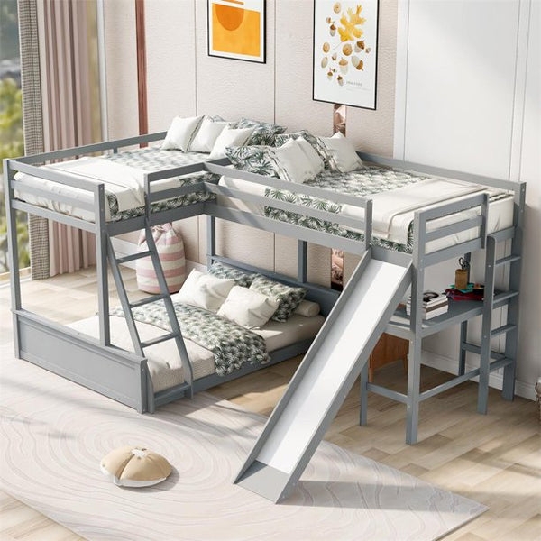 Triple Loft Bunk Bed Matte Grey Wood Frame with Integrated Slide
