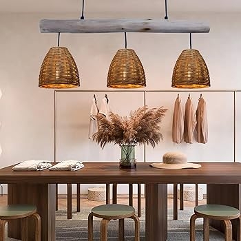 Triple Pendant Light Fixture Basket Shades on Driftwood Beam Rustic Boho
