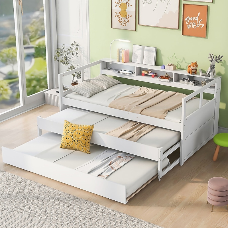 Triple Sleeper Daybed with Dual Trundle and Integrated Shelving