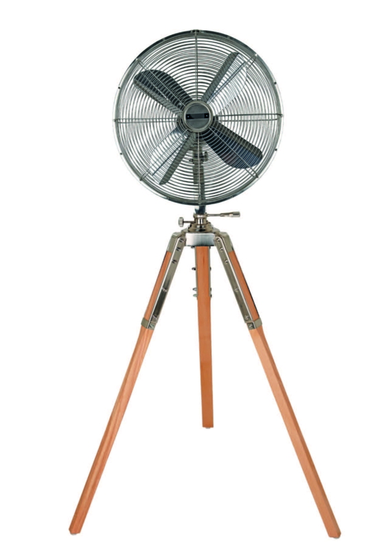 Tripod Fan with Polished Cage and Light Wood Legs, Chrome Head Floor Fan