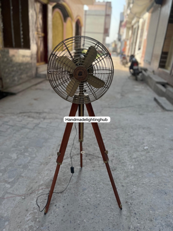 Tripod Floor Fan, Nautical Emblem, Antique Brass Cage, Mahogany Legs
