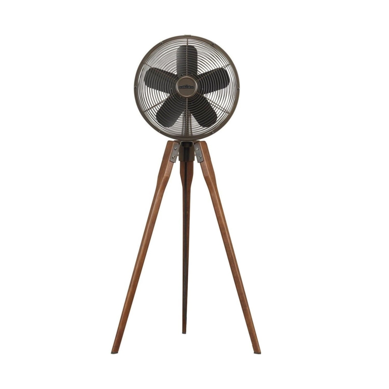 Tripod Floor Fan, Wood Toned Legs and Bronze Cage, Mid-Century Modern