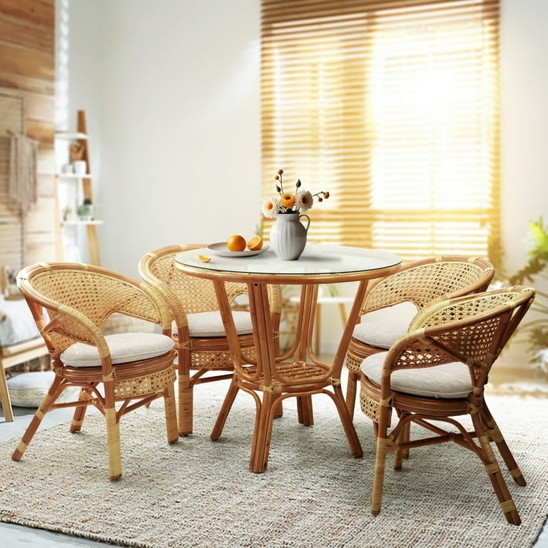Tropical Coastal Dining Set: Woven Rattan Wicker Table & Armchairs