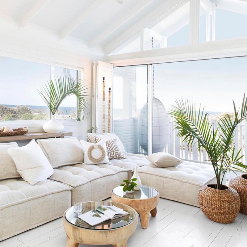 Tropical Coastal Modular Sectional Sofa with Tufted Seat and Woven Baskets