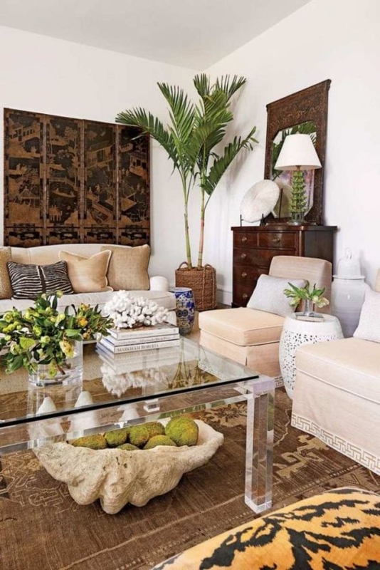 Tropical Eclectic Living Room Set with Acrylic Table and Folding Screen