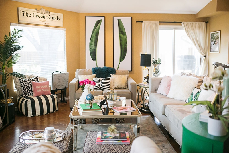 Tropical Glam Living Room Set with Mirrored Table and Banana Leaf Art