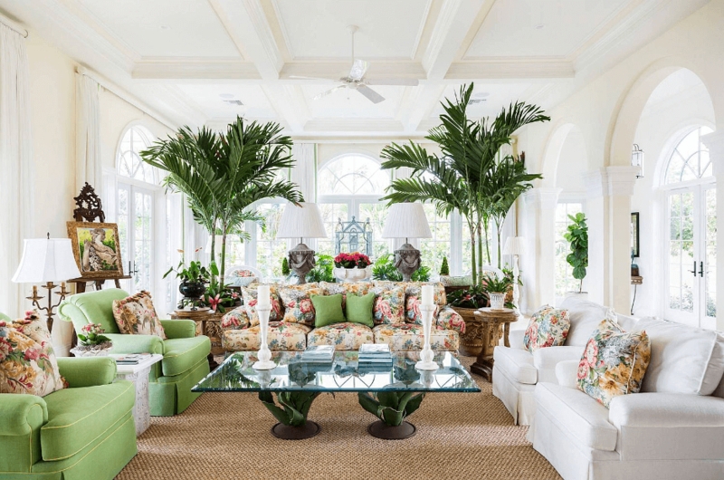 Tropical Grandmillennial Living Room Set with Floral Upholstery and Palms