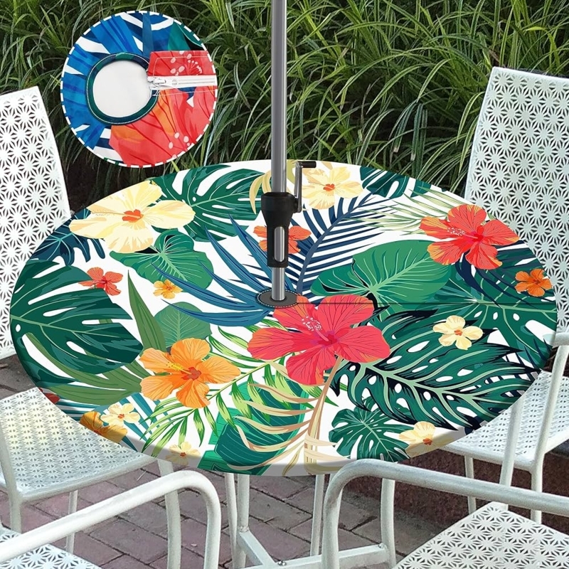 Tropical Hibiscus Tablecloth Zippered Umbrella Hole Elastic Edge Fitted