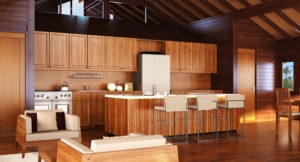 Tropical Kitchen Cabinetry with Exposed Beams and Vaulted Ceiling
