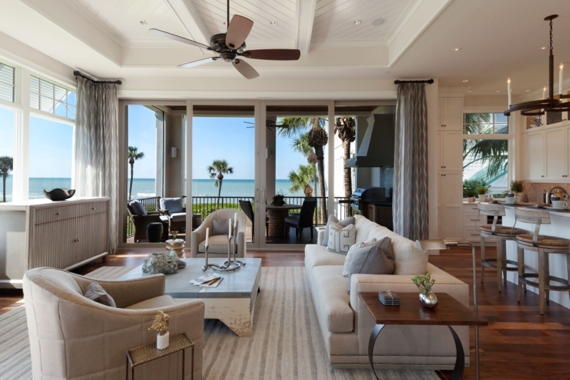 Tropical Luxe Living Room Set with Ocean View and Grid Tufted Chairs