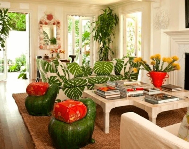 Tropical Maximalist Living Room Set with Monstera Leaf Pattern and Frogs
