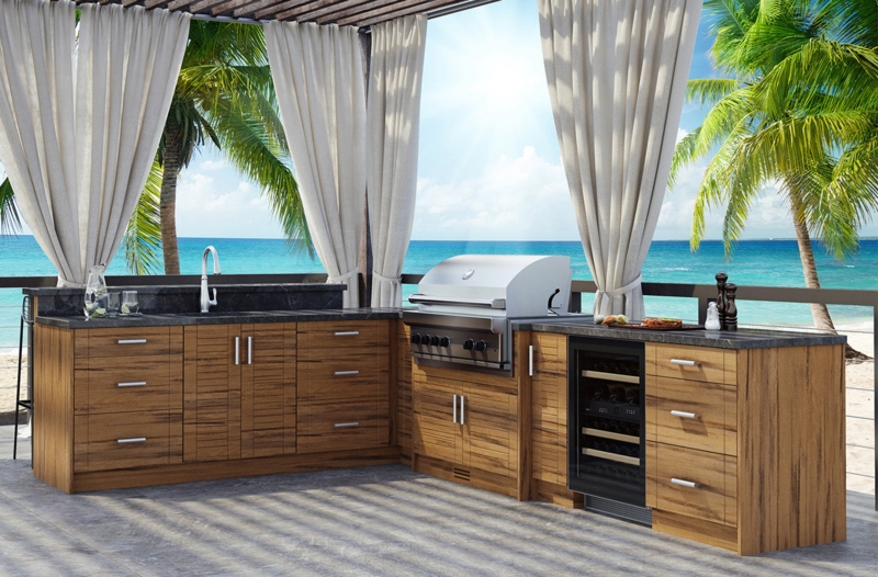 Tropical Modern L-Shaped Outdoor Kitchen Suite with Wine Cooler