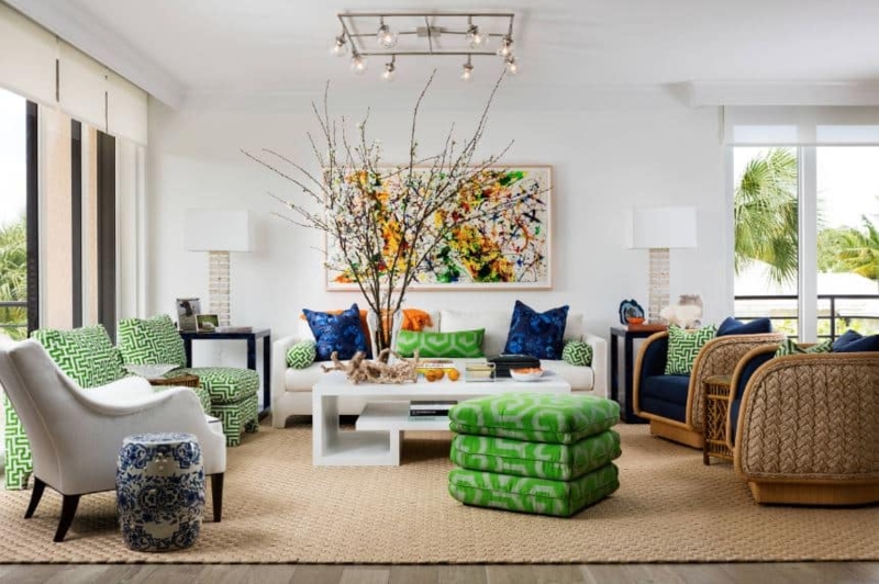 Tropical Modern Living Room with Rattan Frames and Greek Key Patterns