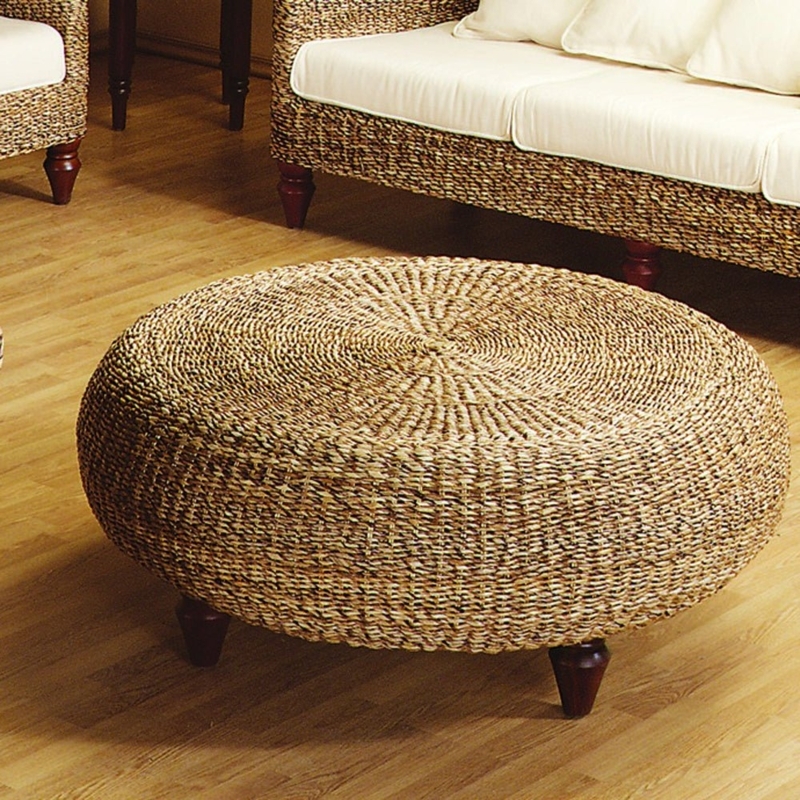 Tropical Ottoman Circular Weave Turned Legs Low Profile Beige