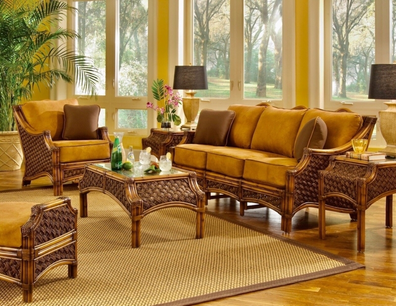 Tropical Plantation Style Living Room Set with Diamond Weave Pattern