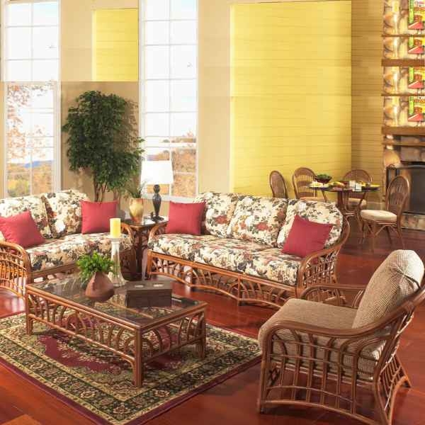 Tropical Traditional Living Room Set with Arched Lattice Base and Rattan