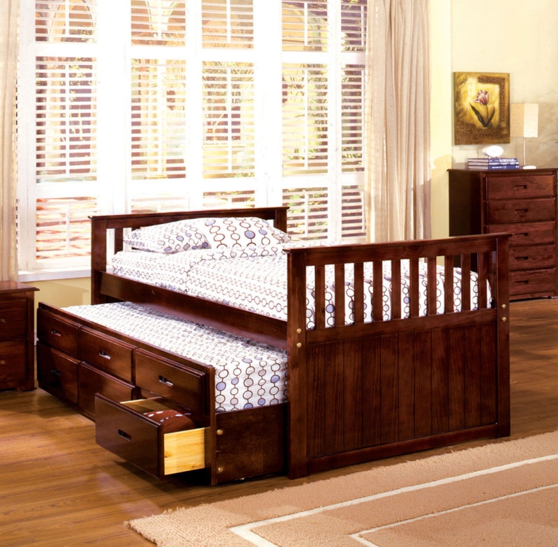 Trundle Bed in Cherry Finish with Mission Slat Design and Drawers