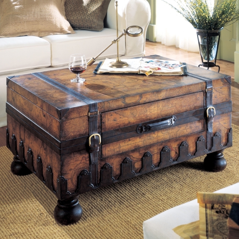 Trunk Coffee Table featuring Vintage World Map Print and Buckle Straps