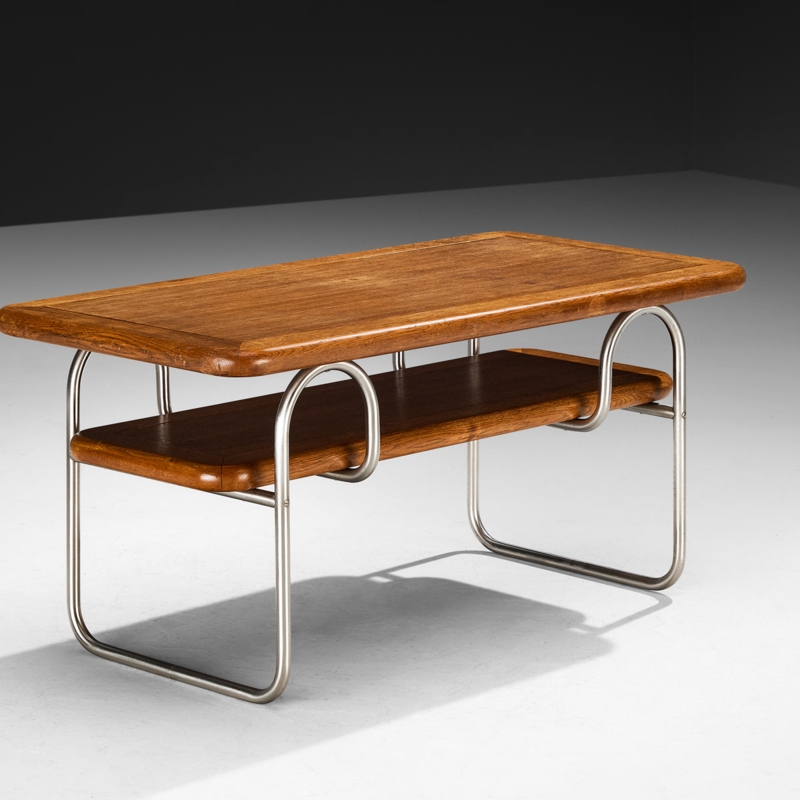 Tubular Metal Coffee Table with Two-Tier Oak Wood Surfaces