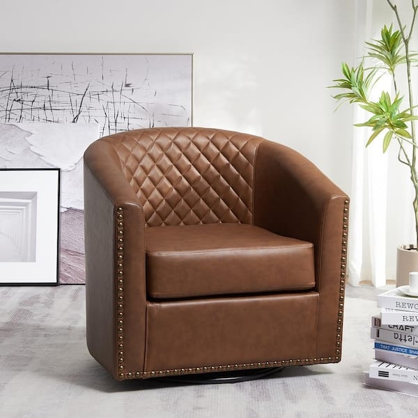 Tufted Barrel Swivel Chair Cognac Leather Nailhead Trim Transitional