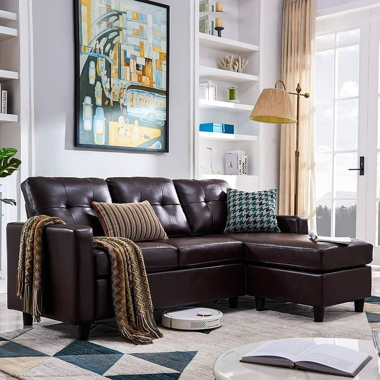 Tufted Brown Faux Leather Couch L-Shaped with Tapered Legs Small Space