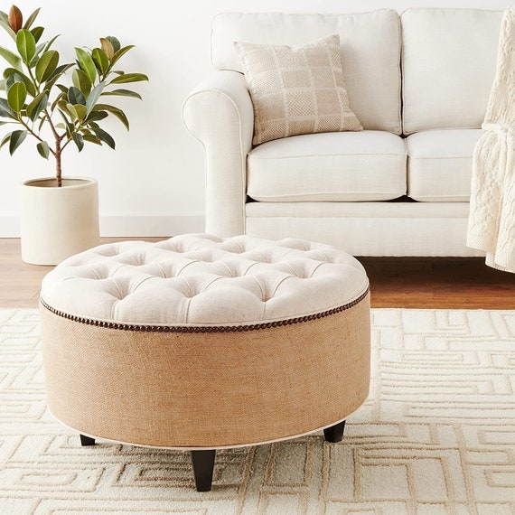 Tufted Ottoman Coffee Table Linen Top Burlap Sides Mixed Material