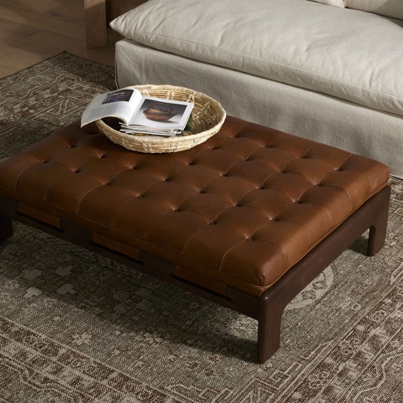 Tufted Ottoman with Wood Frame Cutouts and Deep Button Tufting