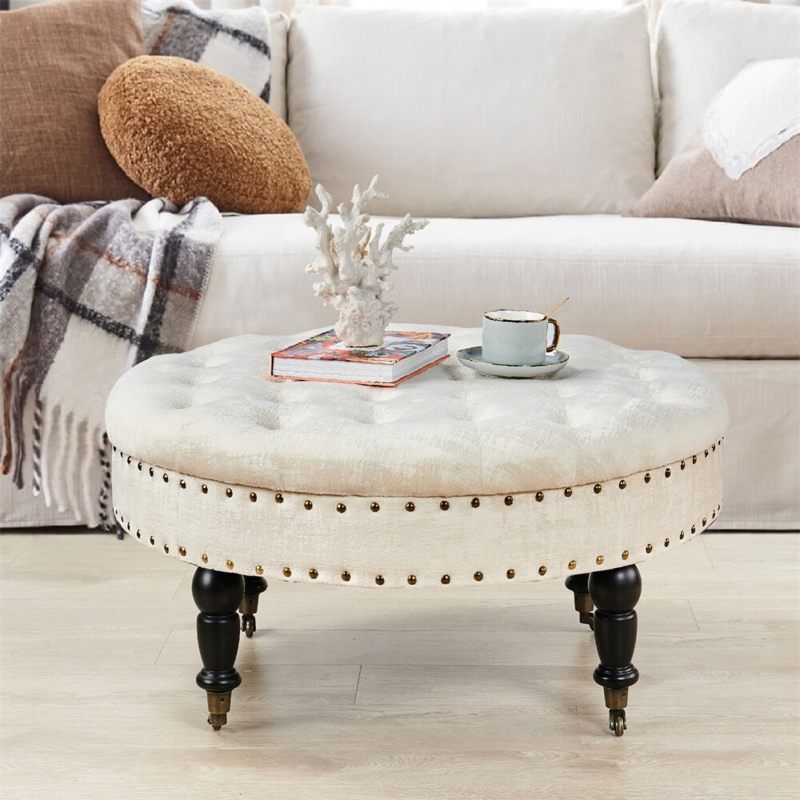 Tufted Round Coffee Table Cream Velvet Antique Brass Casters