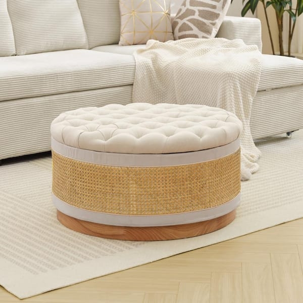 Tufted Storage Ottoman, Woven Cane Panel and Wood Base