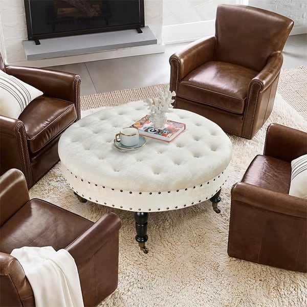 Tufted Velvet Coffee Table Ottoman Cream Nailhead Trim Metal Casters